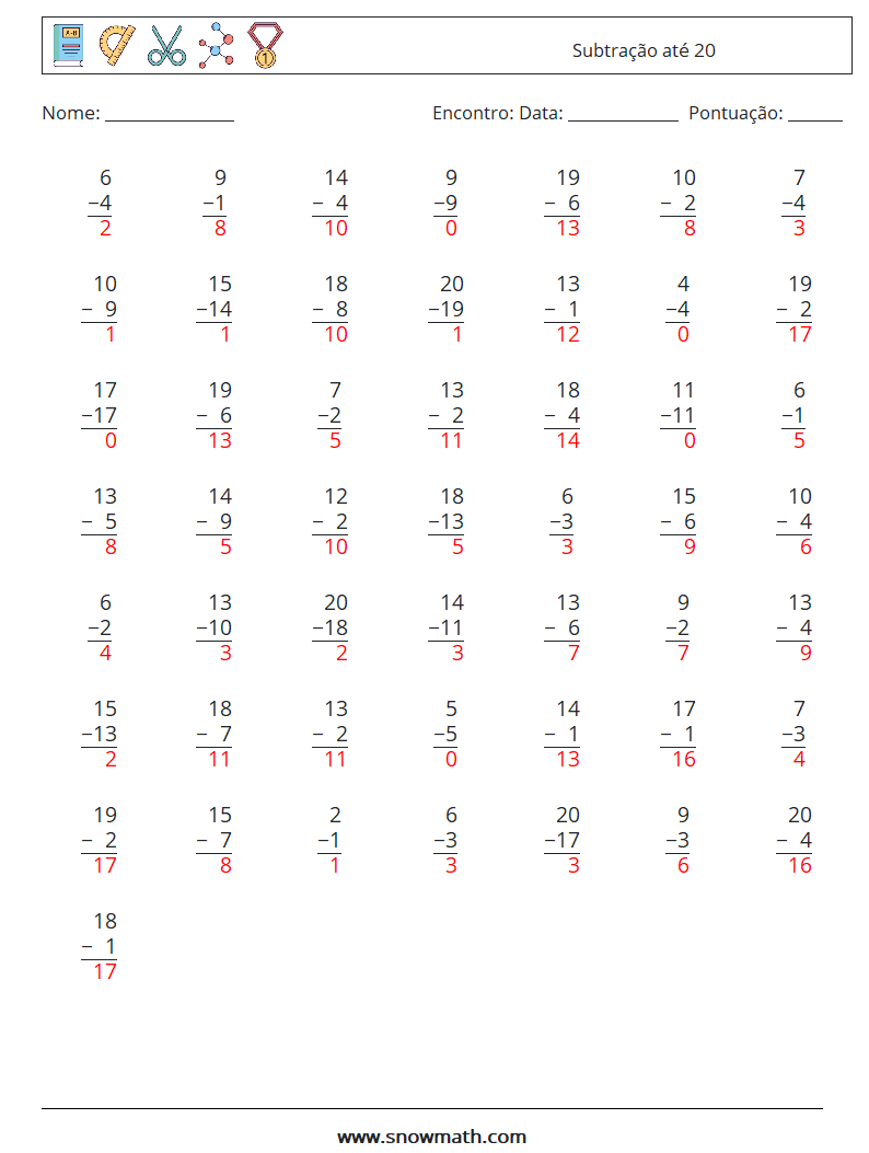 (50) Subtração até 20 planilhas matemáticas 11 Pergunta, Resposta