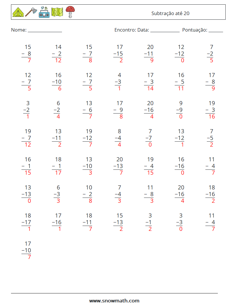 (50) Subtração até 20 planilhas matemáticas 12 Pergunta, Resposta