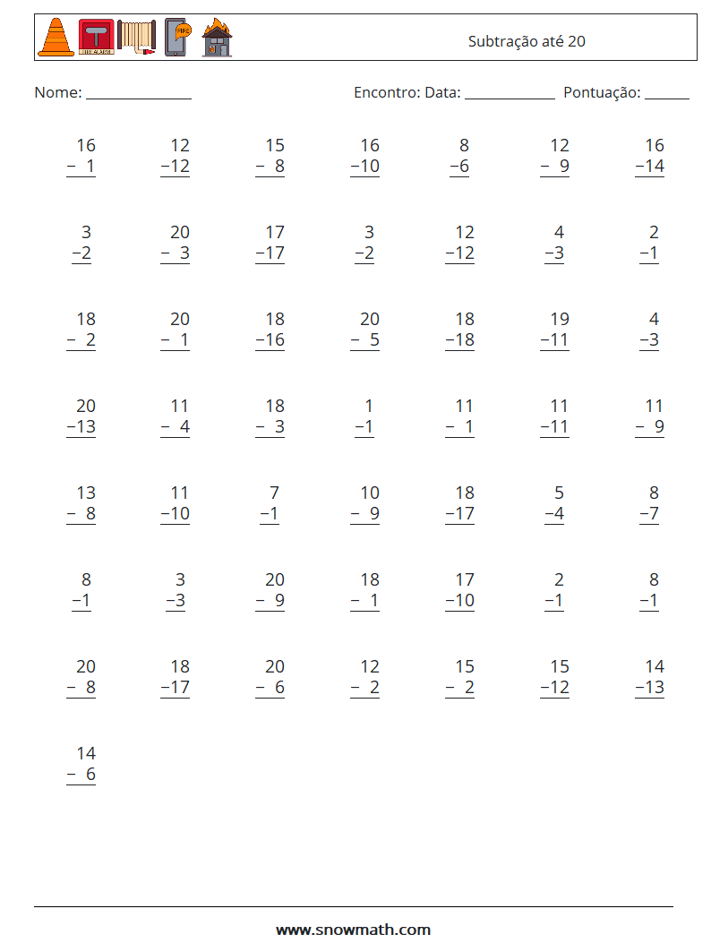 (50) Subtração até 20 planilhas matemáticas 13