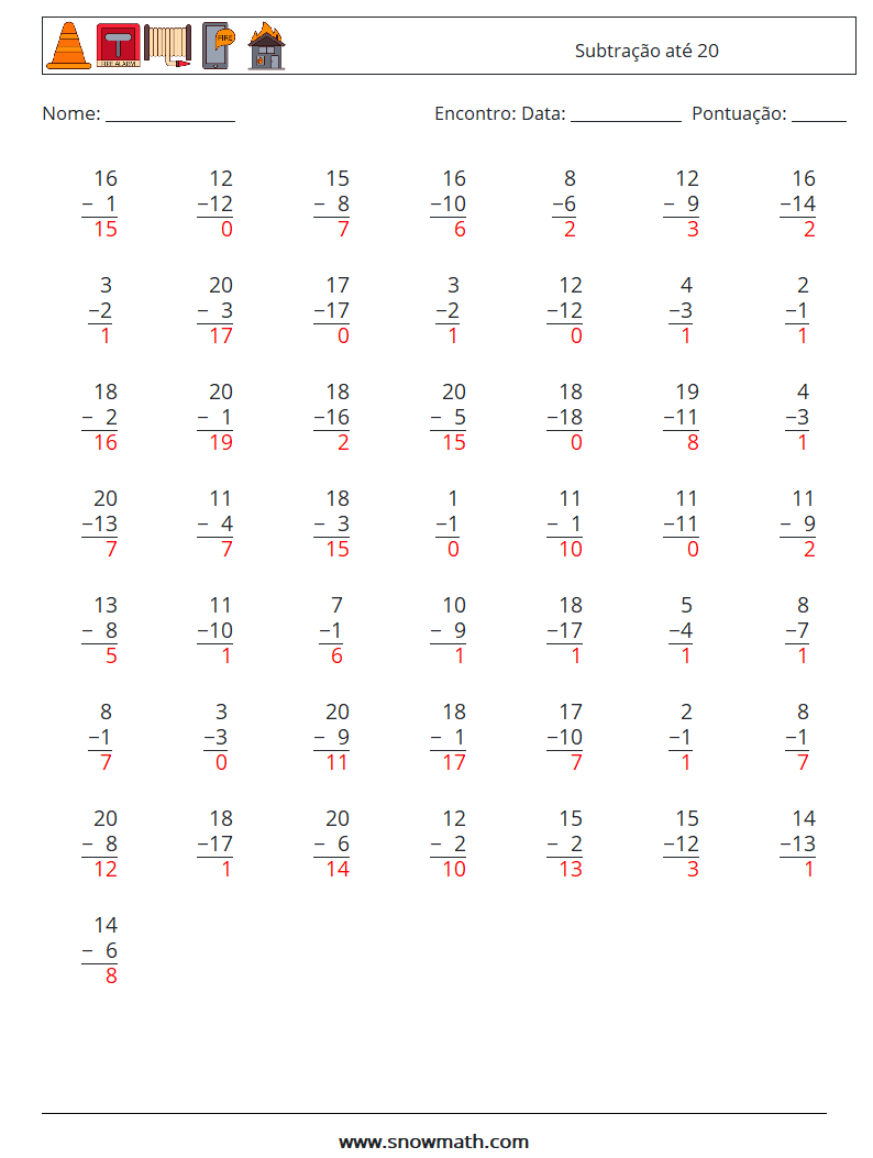 (50) Subtração até 20 planilhas matemáticas 13 Pergunta, Resposta