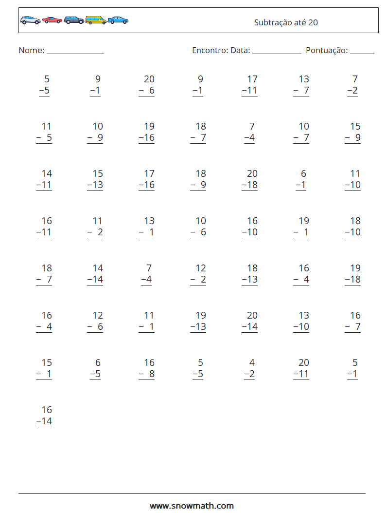 (50) Subtração até 20 planilhas matemáticas 14