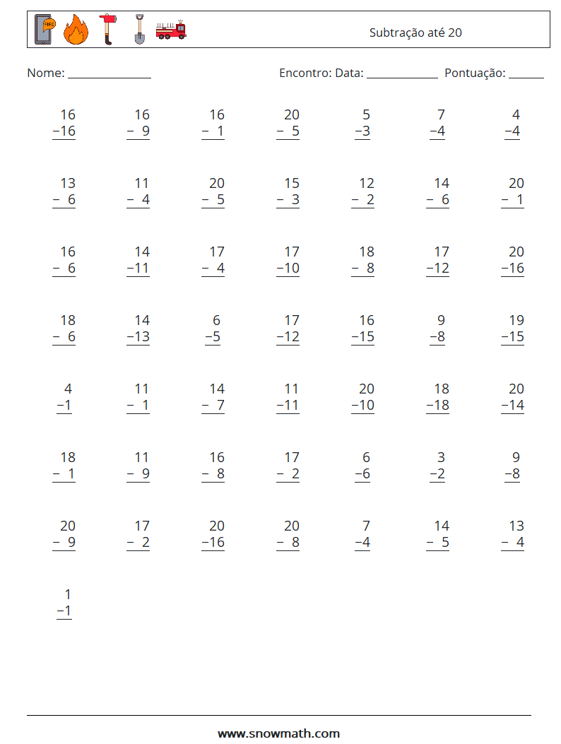 (50) Subtração até 20 planilhas matemáticas 15