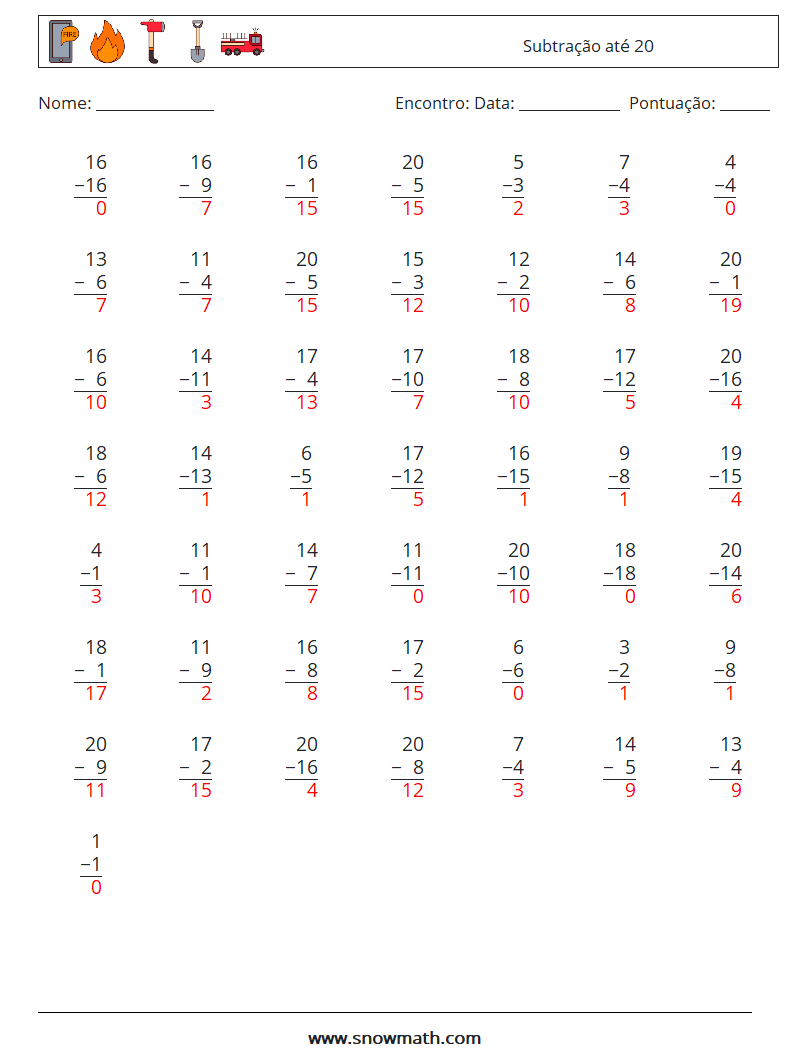 (50) Subtração até 20 planilhas matemáticas 15 Pergunta, Resposta