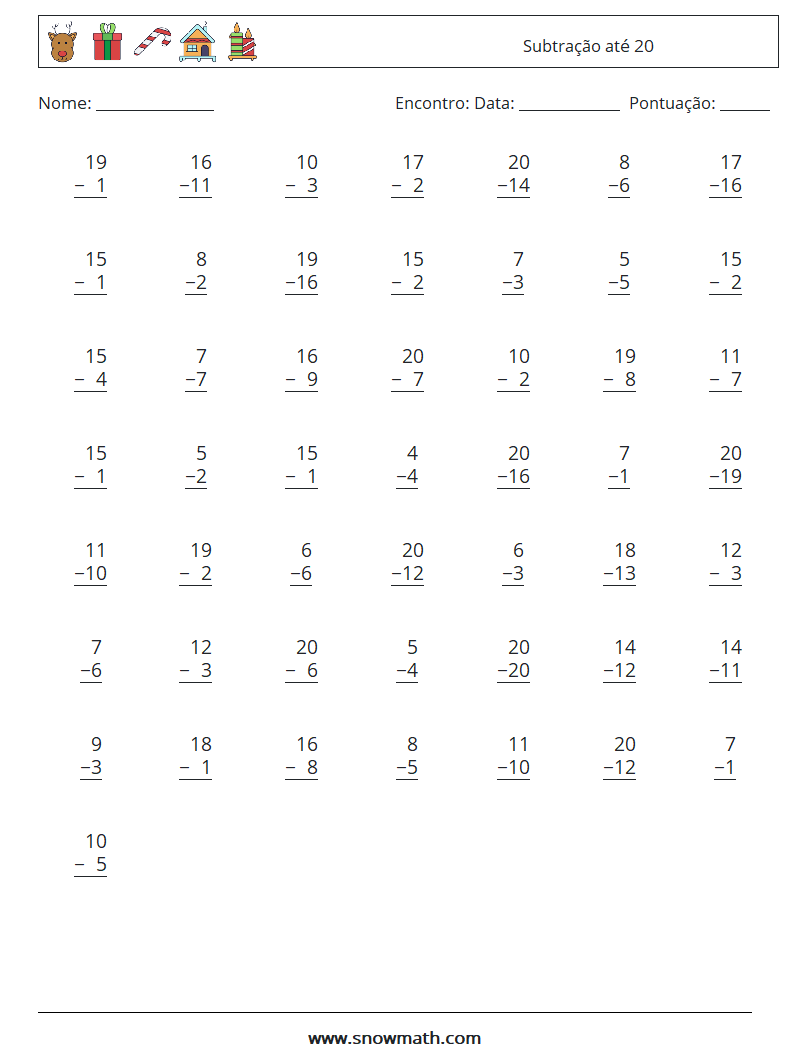 (50) Subtração até 20 planilhas matemáticas 16