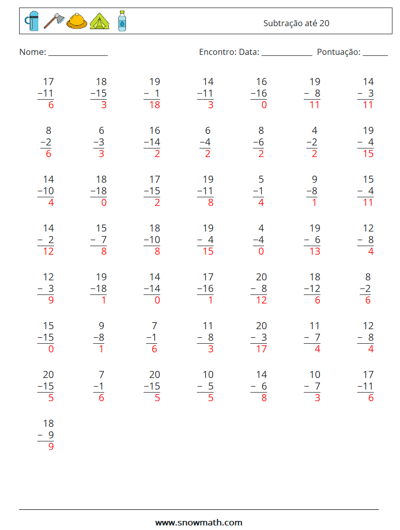 (50) Subtração até 20 planilhas matemáticas 17 Pergunta, Resposta