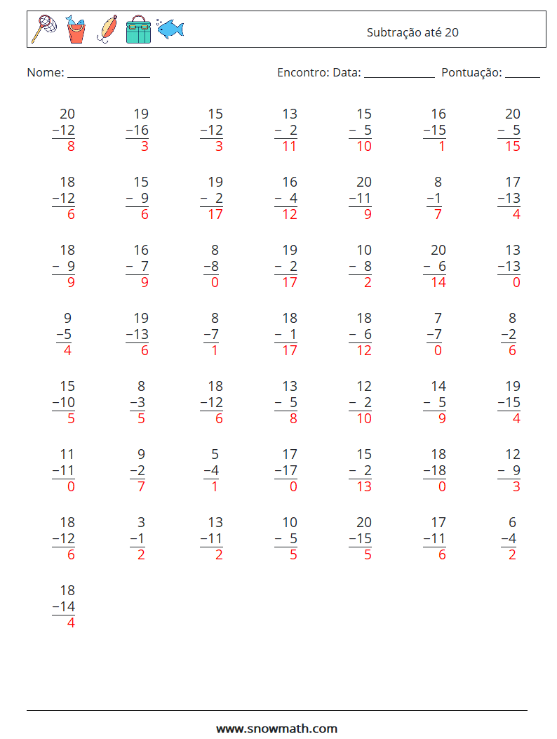 (50) Subtração até 20 planilhas matemáticas 1 Pergunta, Resposta