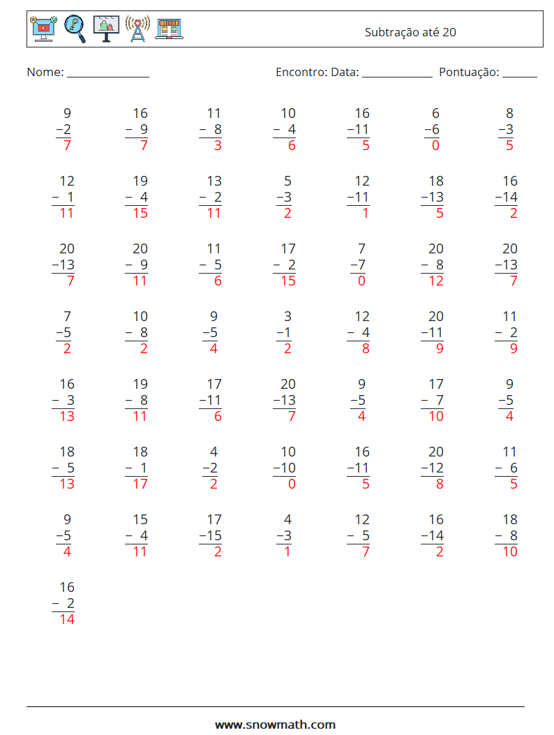 (50) Subtração até 20 planilhas matemáticas 2 Pergunta, Resposta