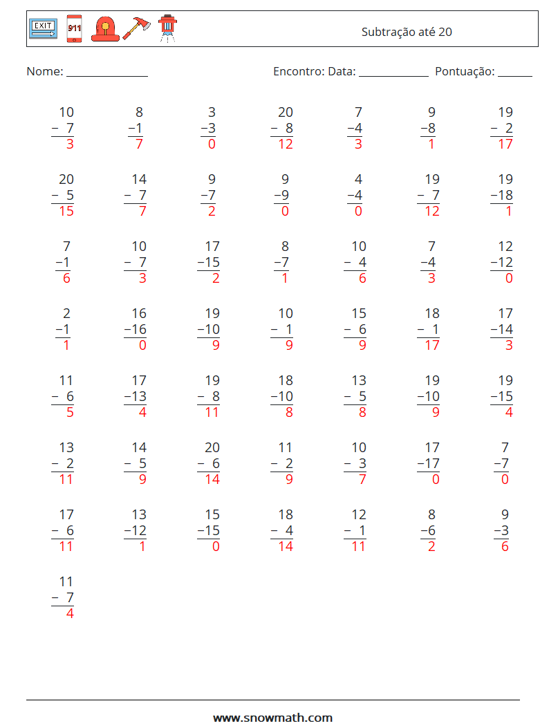 (50) Subtração até 20 planilhas matemáticas 3 Pergunta, Resposta