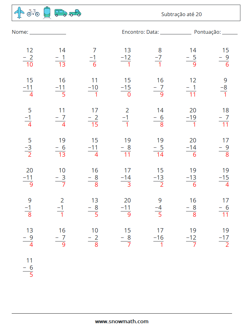 (50) Subtração até 20 planilhas matemáticas 4 Pergunta, Resposta