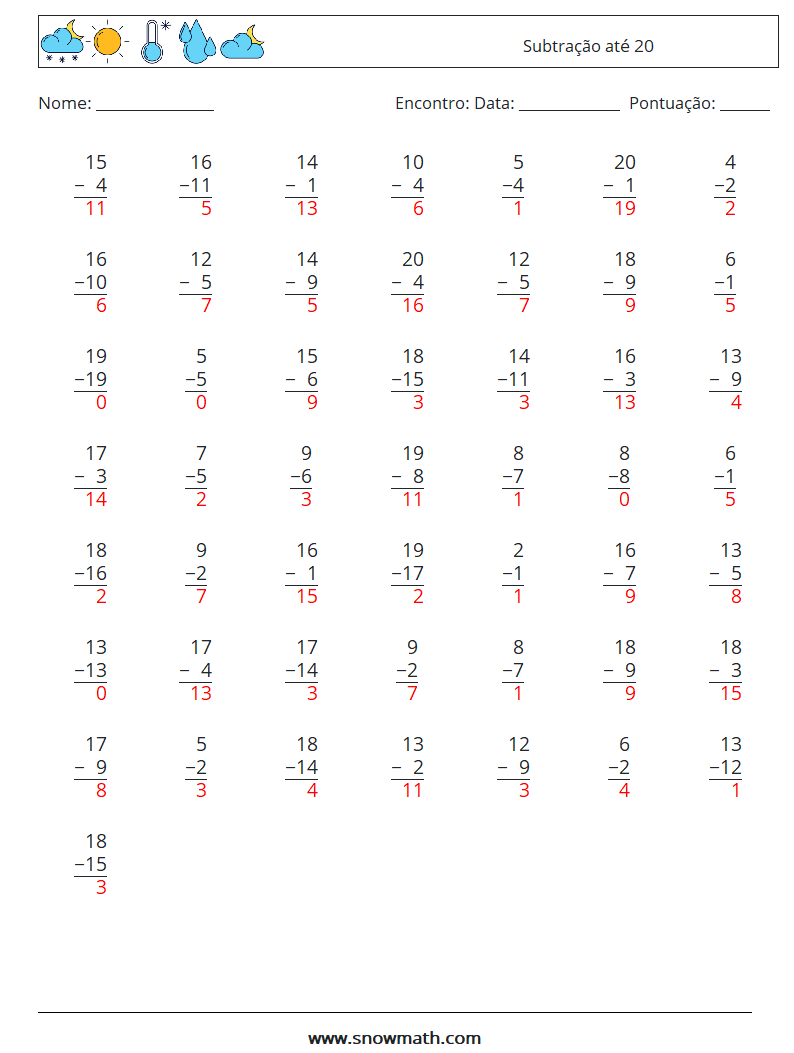 (50) Subtração até 20 planilhas matemáticas 6 Pergunta, Resposta