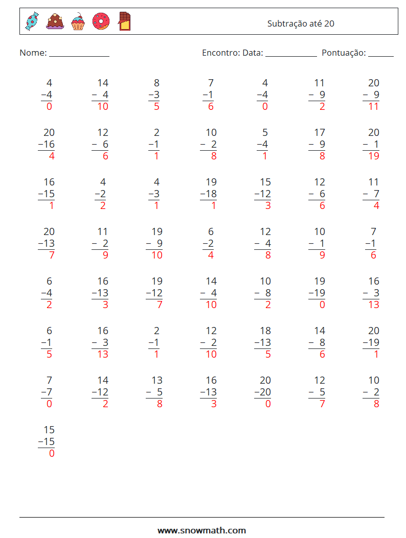 (50) Subtração até 20 planilhas matemáticas 7 Pergunta, Resposta