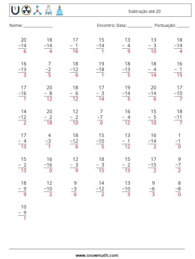 (50) Subtração até 20 planilhas matemáticas 8 Pergunta, Resposta