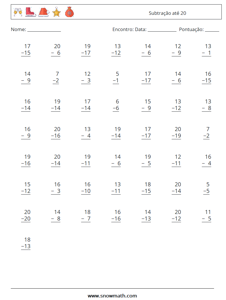 (50) Subtração até 20 planilhas matemáticas 9