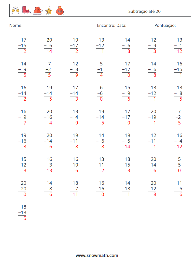 (50) Subtração até 20 planilhas matemáticas 9 Pergunta, Resposta