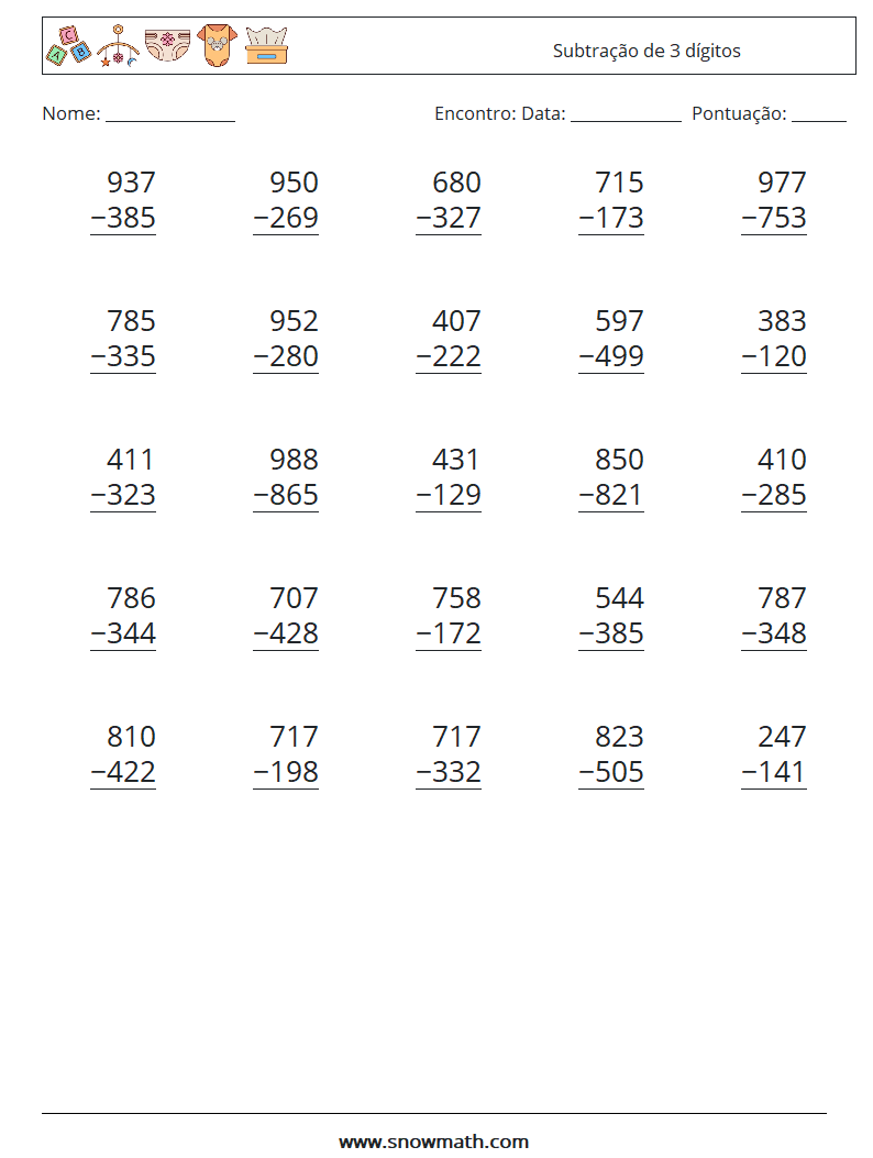 (25) Subtração de 3 dígitos planilhas matemáticas 11