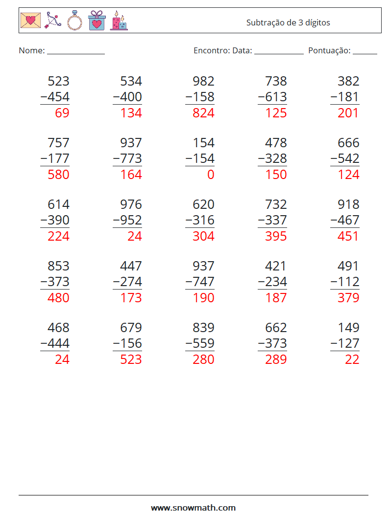 (25) Subtração de 3 dígitos planilhas matemáticas 12 Pergunta, Resposta