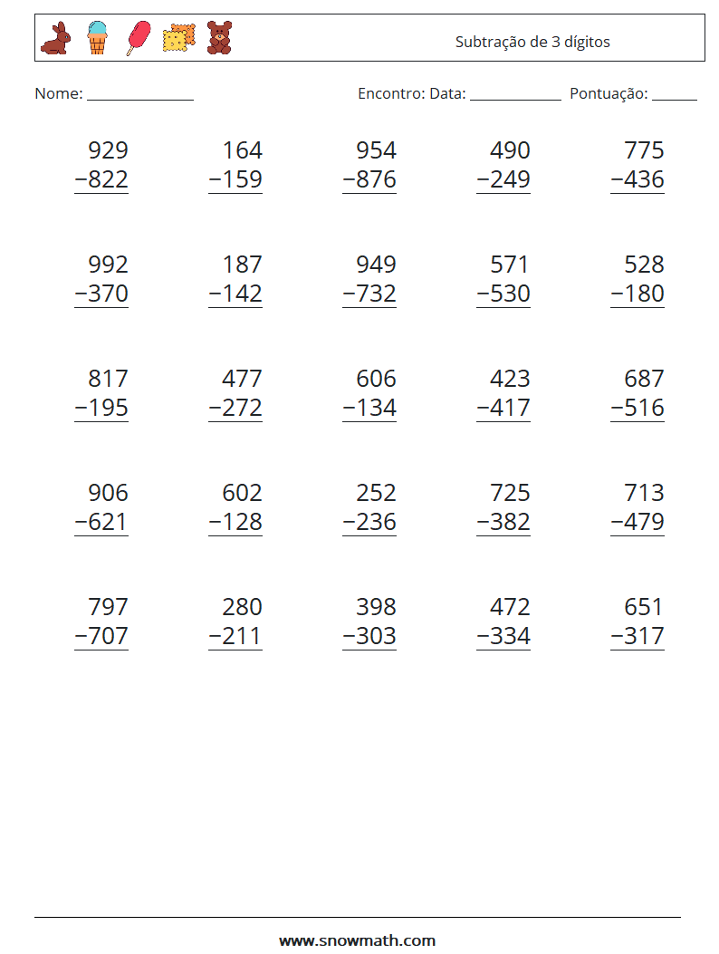 (25) Subtração de 3 dígitos planilhas matemáticas 13