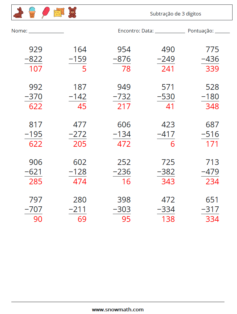 (25) Subtração de 3 dígitos planilhas matemáticas 13 Pergunta, Resposta