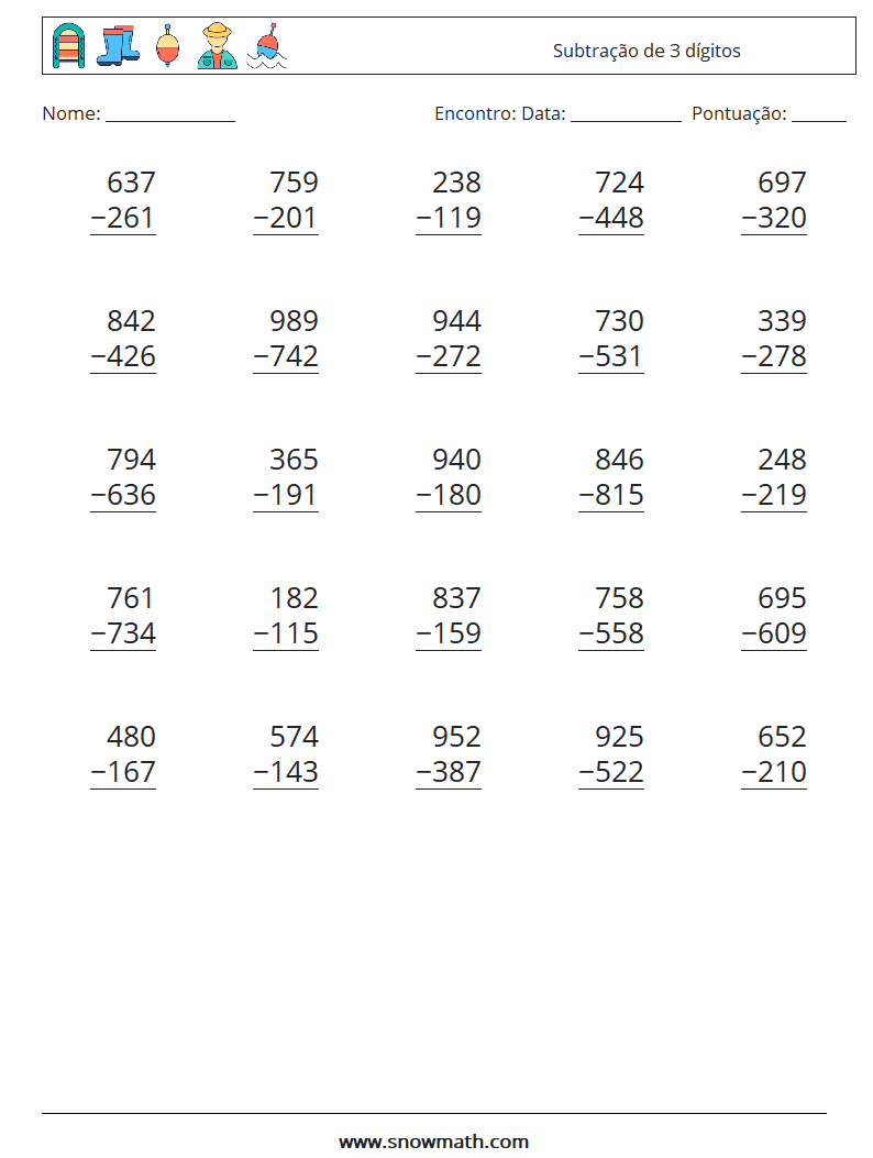 (25) Subtração de 3 dígitos planilhas matemáticas 14