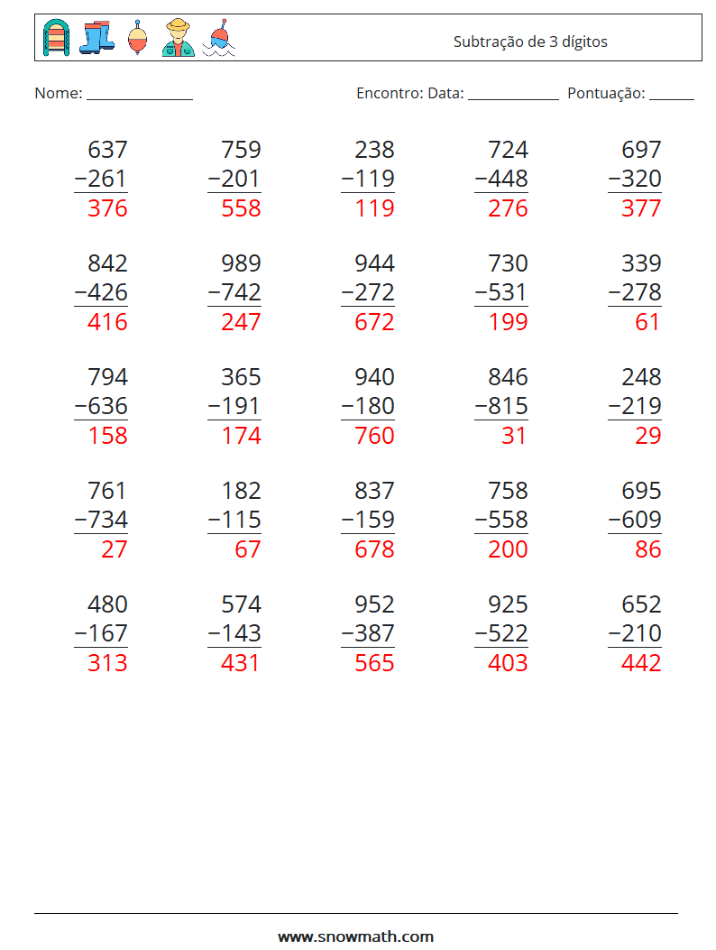 (25) Subtração de 3 dígitos planilhas matemáticas 14 Pergunta, Resposta