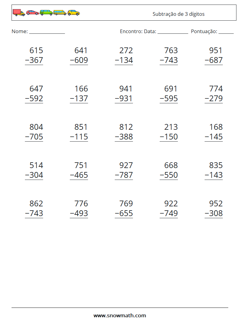 (25) Subtração de 3 dígitos planilhas matemáticas 15