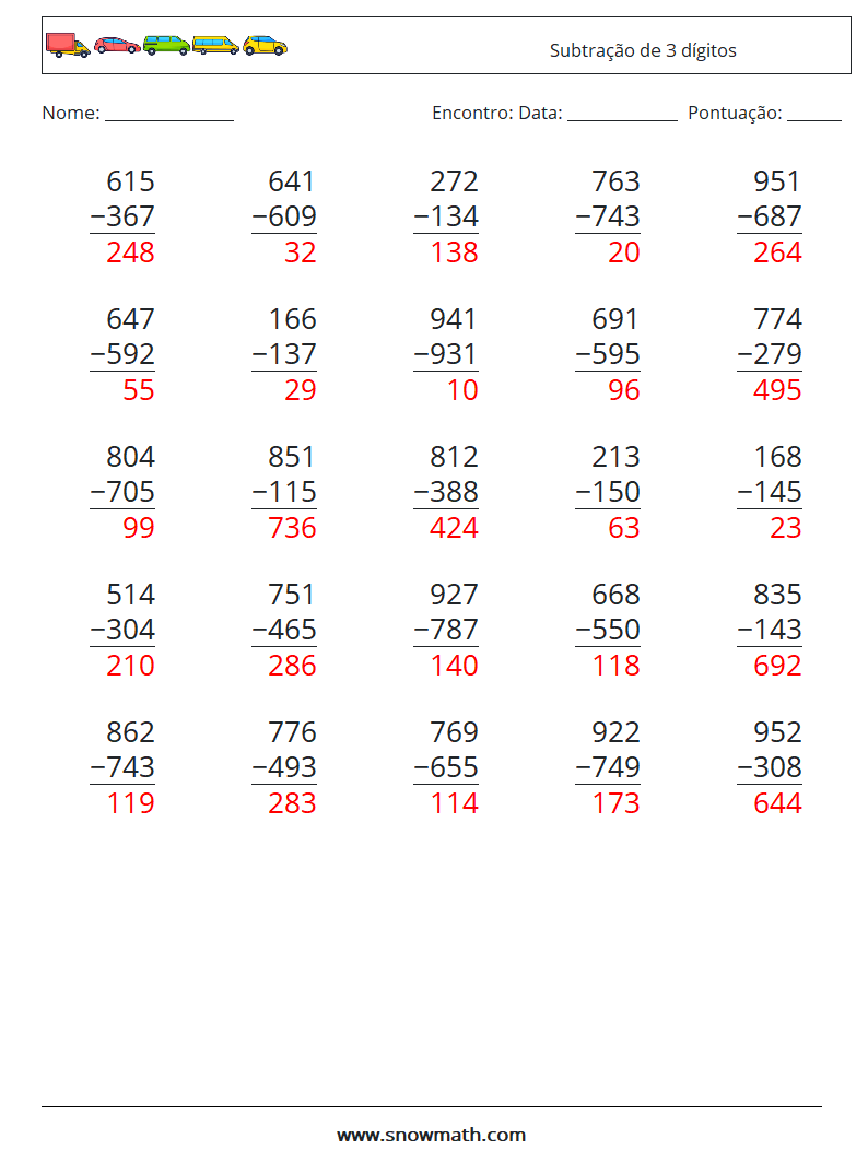 (25) Subtração de 3 dígitos planilhas matemáticas 15 Pergunta, Resposta