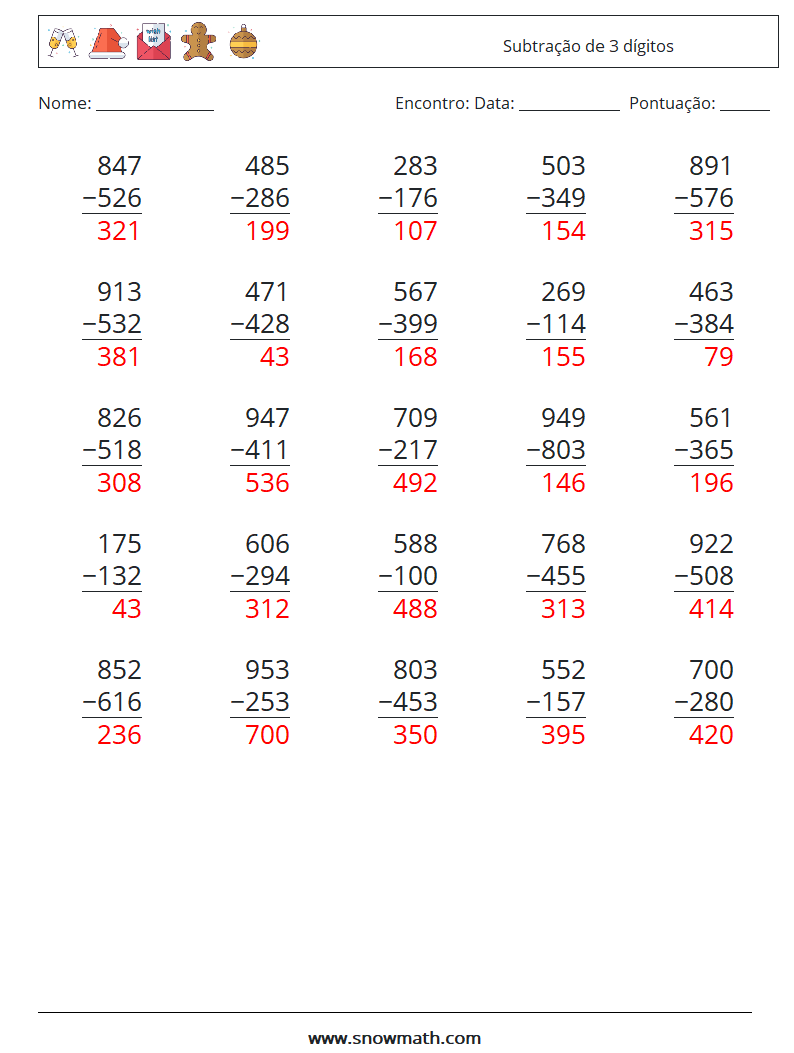 (25) Subtração de 3 dígitos planilhas matemáticas 16 Pergunta, Resposta