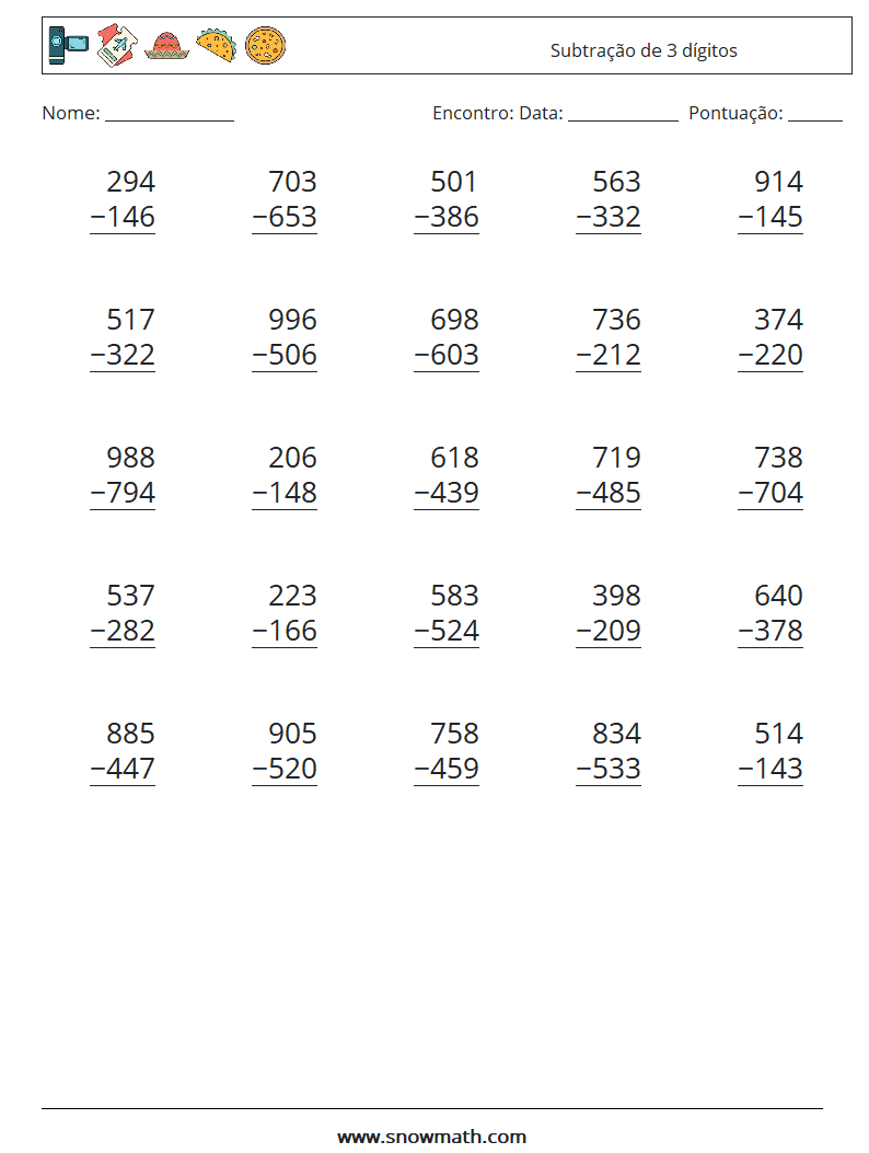 (25) Subtração de 3 dígitos planilhas matemáticas 17