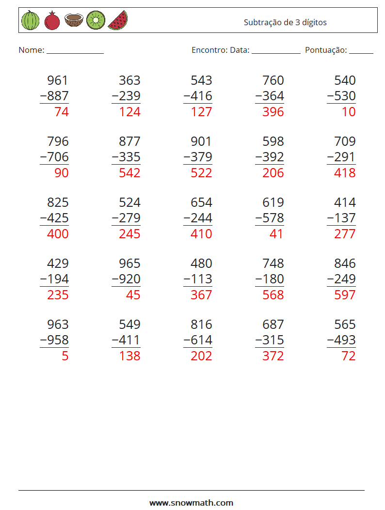 (25) Subtração de 3 dígitos planilhas matemáticas 18 Pergunta, Resposta