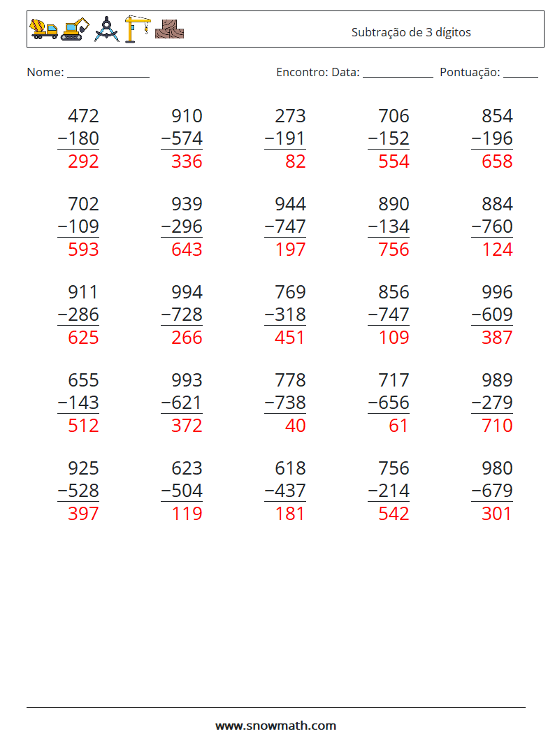 (25) Subtração de 3 dígitos planilhas matemáticas 1 Pergunta, Resposta