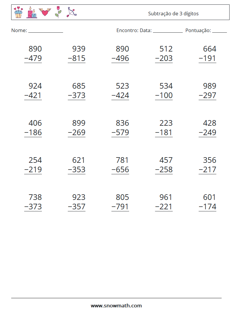 (25) Subtração de 3 dígitos planilhas matemáticas 2