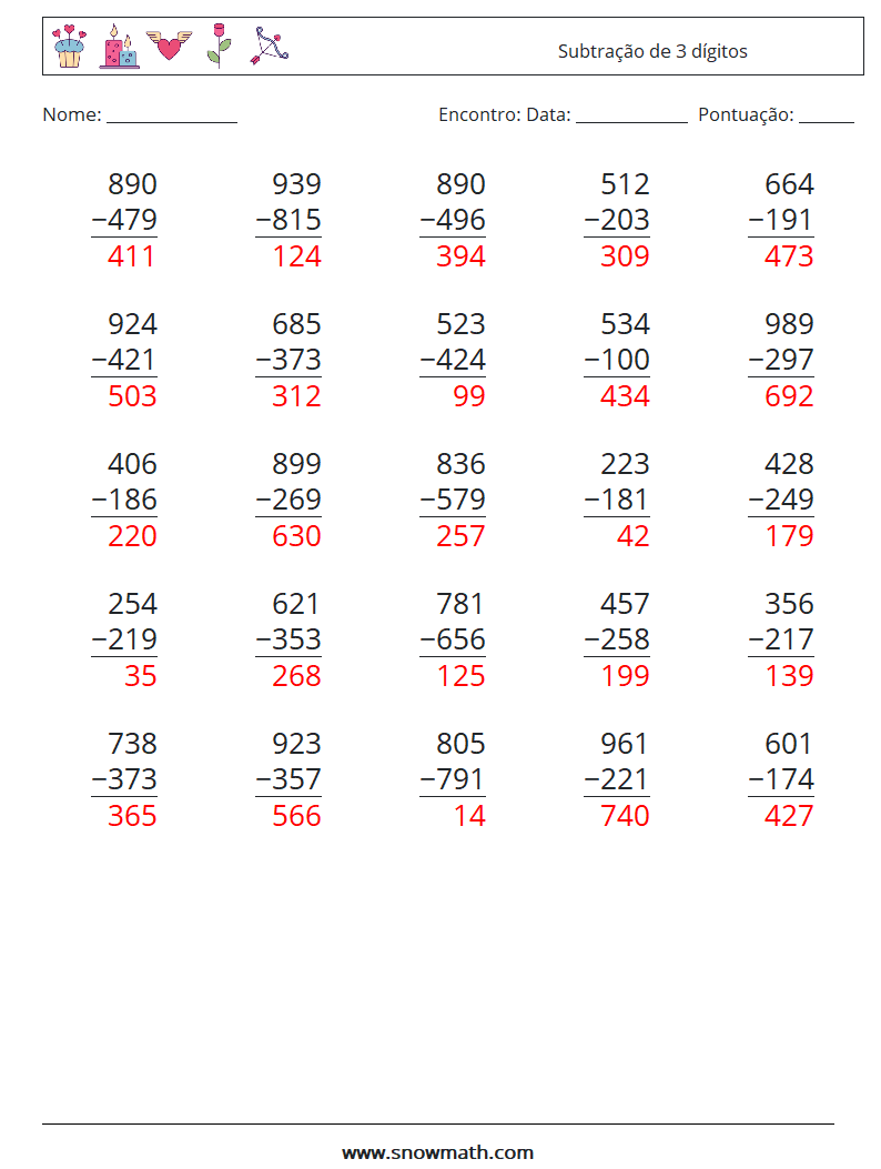 (25) Subtração de 3 dígitos planilhas matemáticas 2 Pergunta, Resposta