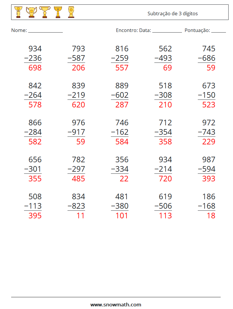 (25) Subtração de 3 dígitos planilhas matemáticas 3 Pergunta, Resposta