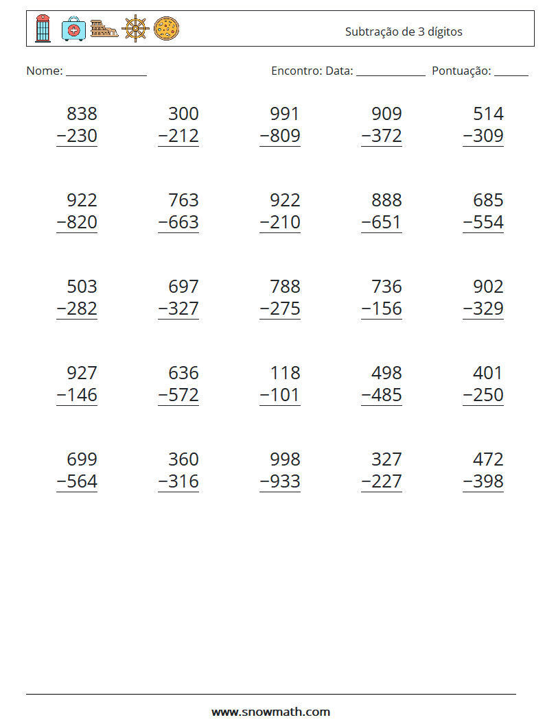 (25) Subtração de 3 dígitos planilhas matemáticas 4