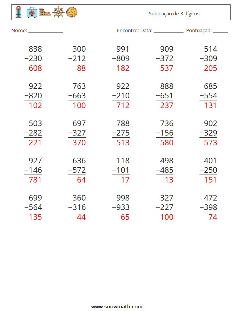 (25) Subtração de 3 dígitos planilhas matemáticas 4 Pergunta, Resposta