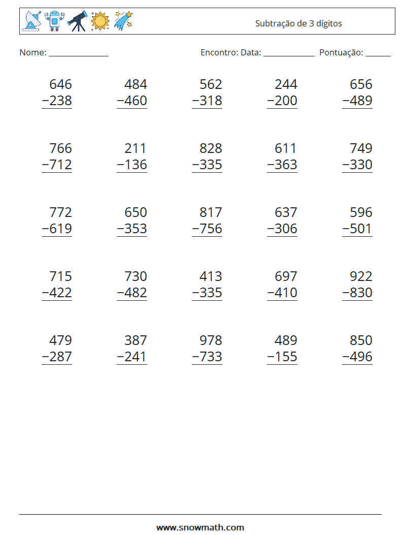 (25) Subtração de 3 dígitos planilhas matemáticas 5