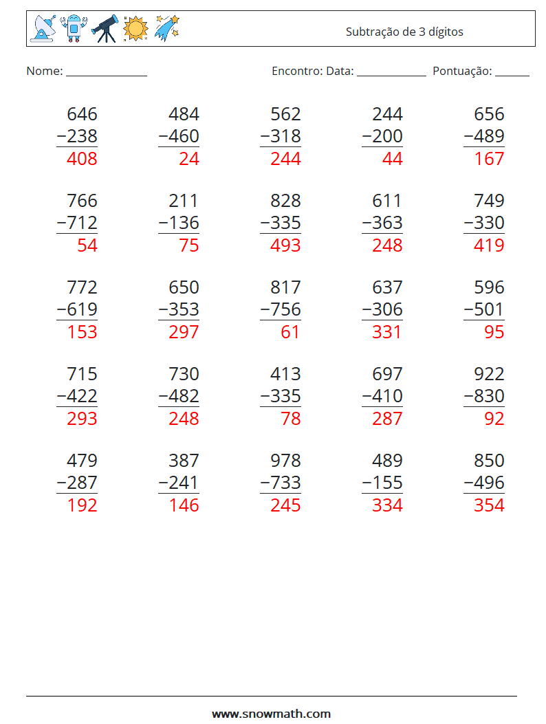 (25) Subtração de 3 dígitos planilhas matemáticas 5 Pergunta, Resposta