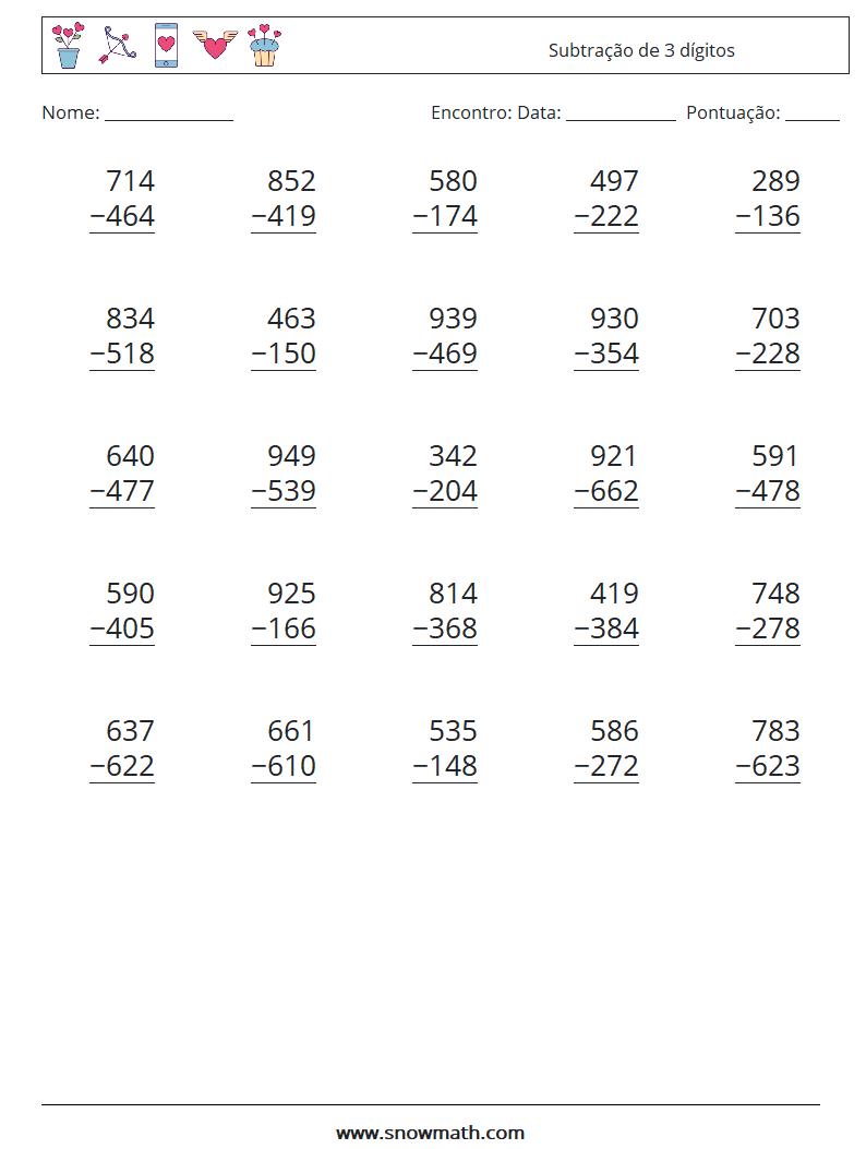 (25) Subtração de 3 dígitos planilhas matemáticas 7