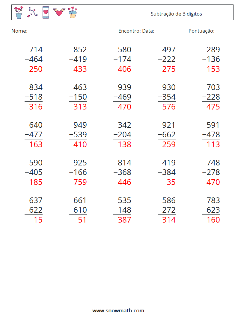 (25) Subtração de 3 dígitos planilhas matemáticas 7 Pergunta, Resposta