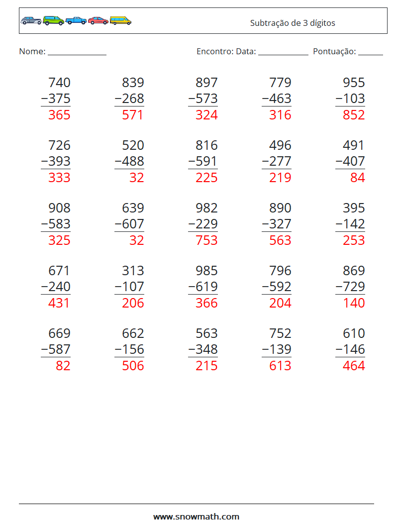 (25) Subtração de 3 dígitos planilhas matemáticas 8 Pergunta, Resposta