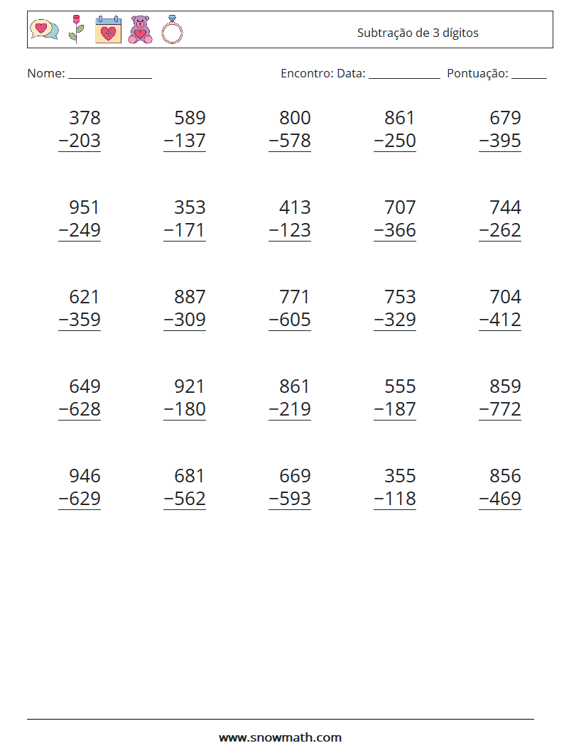 (25) Subtração de 3 dígitos planilhas matemáticas 9