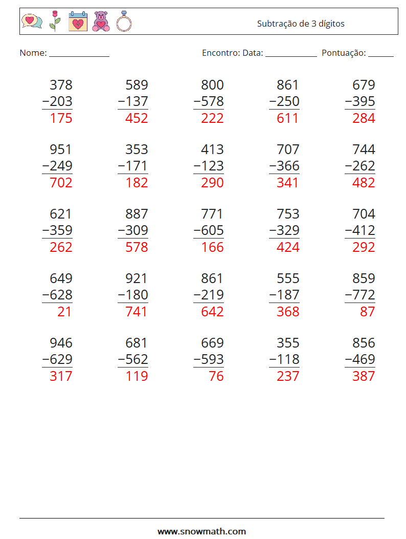 (25) Subtração de 3 dígitos planilhas matemáticas 9 Pergunta, Resposta