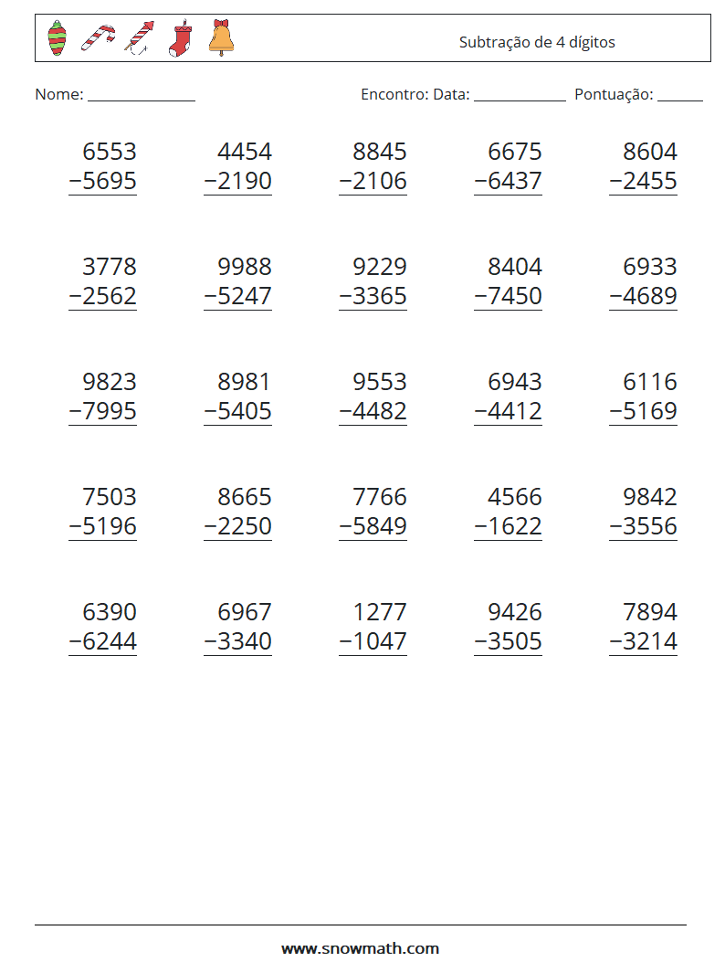 (25) Subtração de 4 dígitos planilhas matemáticas 1