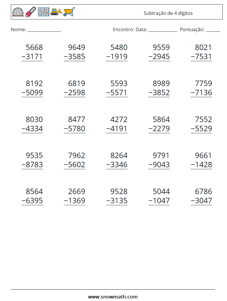 (25) Subtração de 4 dígitos planilhas matemáticas 10