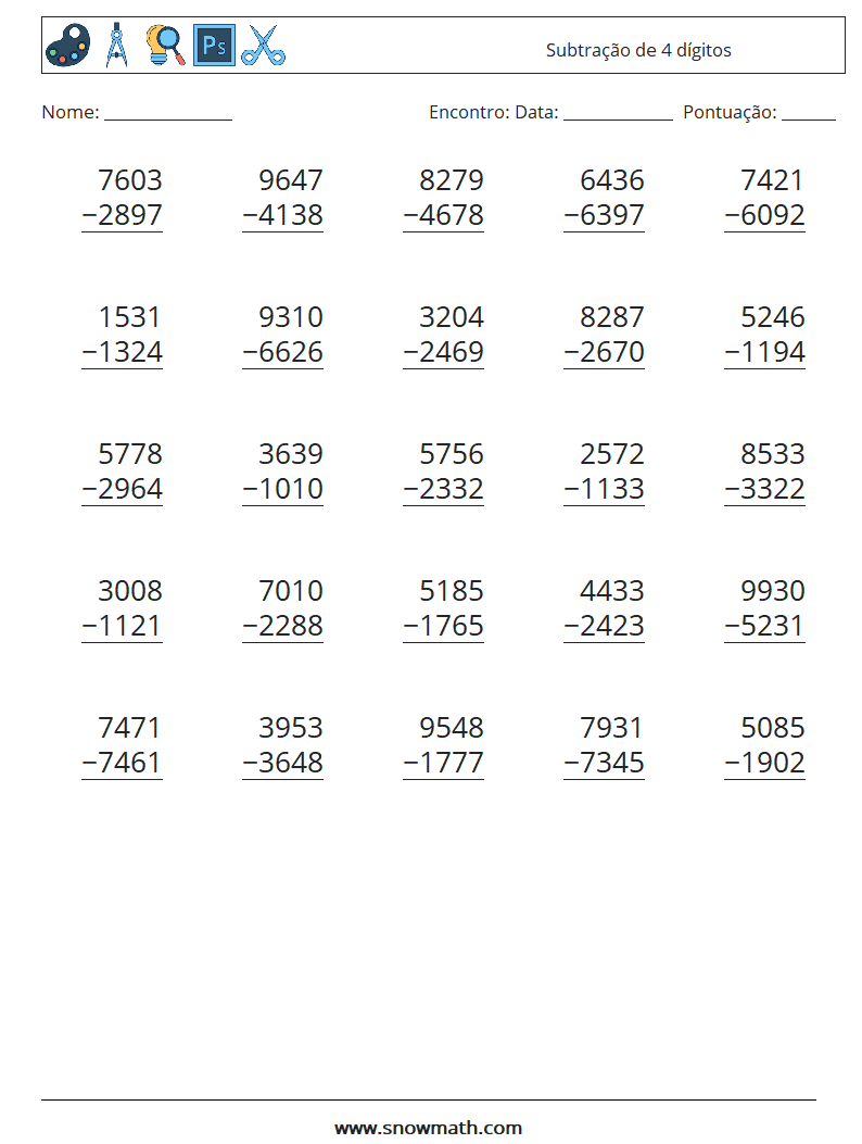 (25) Subtração de 4 dígitos planilhas matemáticas 11