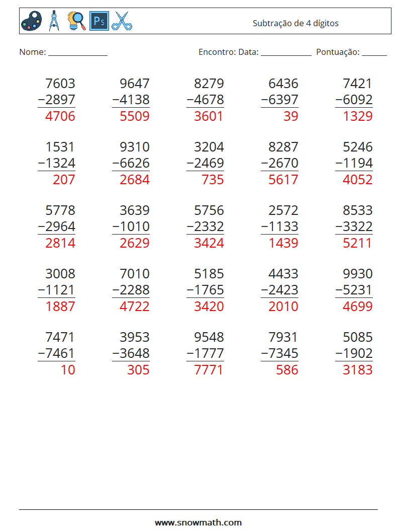 (25) Subtração de 4 dígitos planilhas matemáticas 11 Pergunta, Resposta