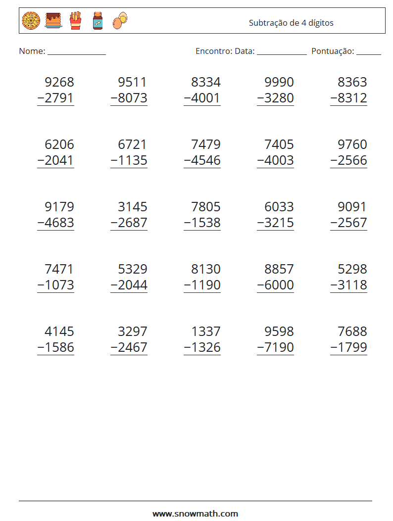 (25) Subtração de 4 dígitos planilhas matemáticas 12