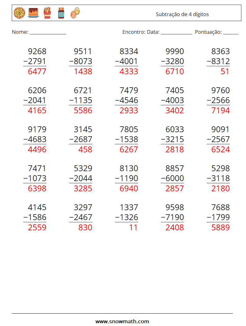 (25) Subtração de 4 dígitos planilhas matemáticas 12 Pergunta, Resposta