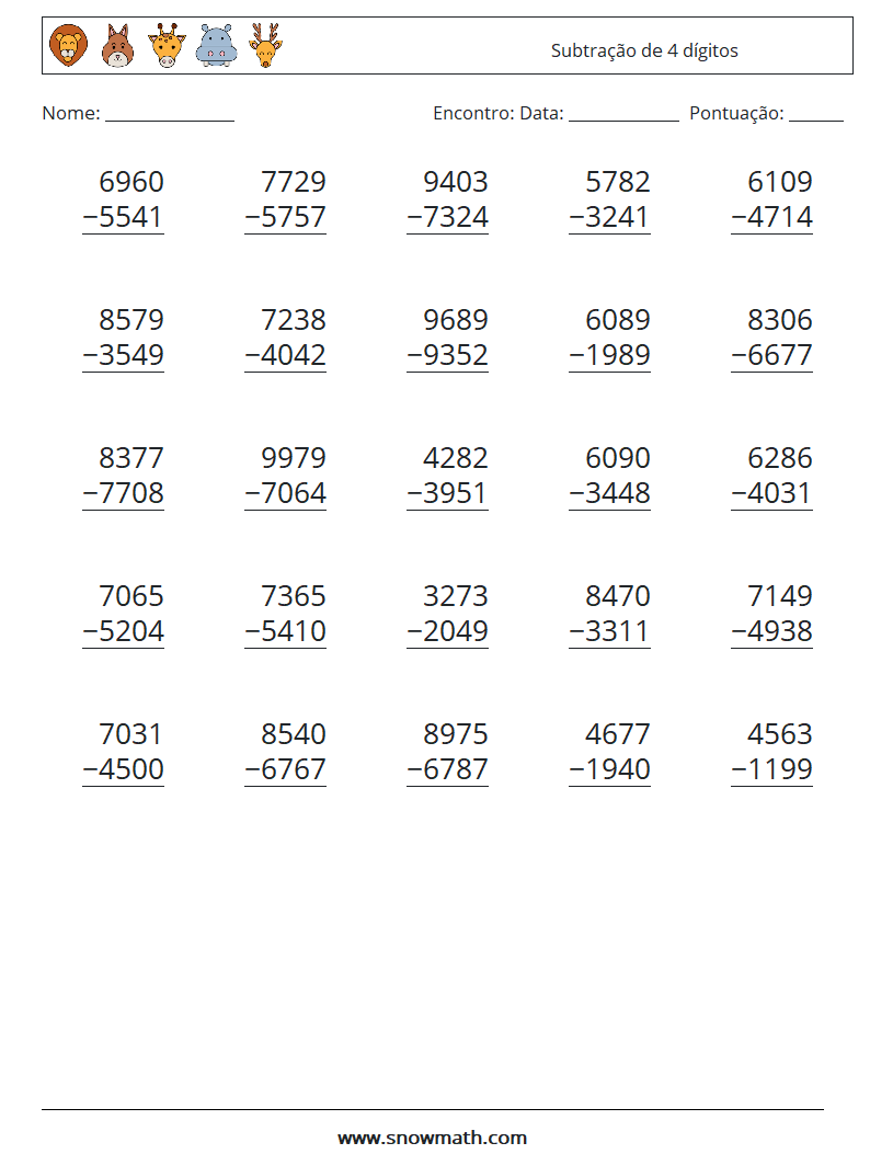 (25) Subtração de 4 dígitos planilhas matemáticas 13