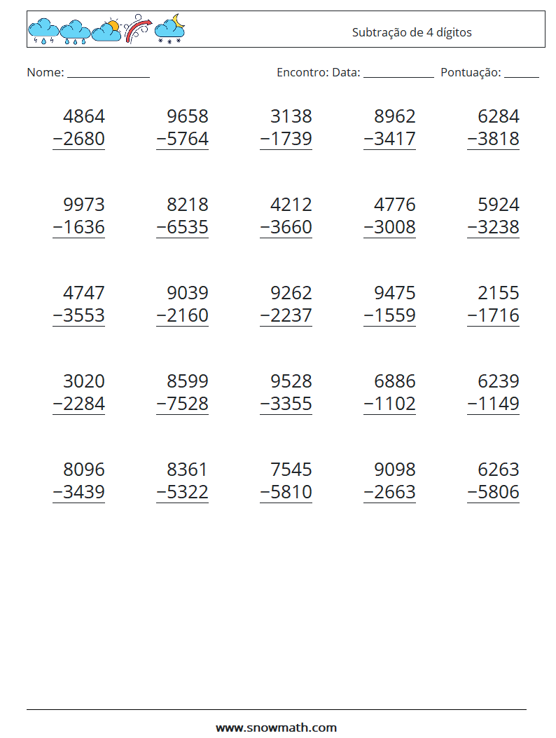 (25) Subtração de 4 dígitos planilhas matemáticas 15